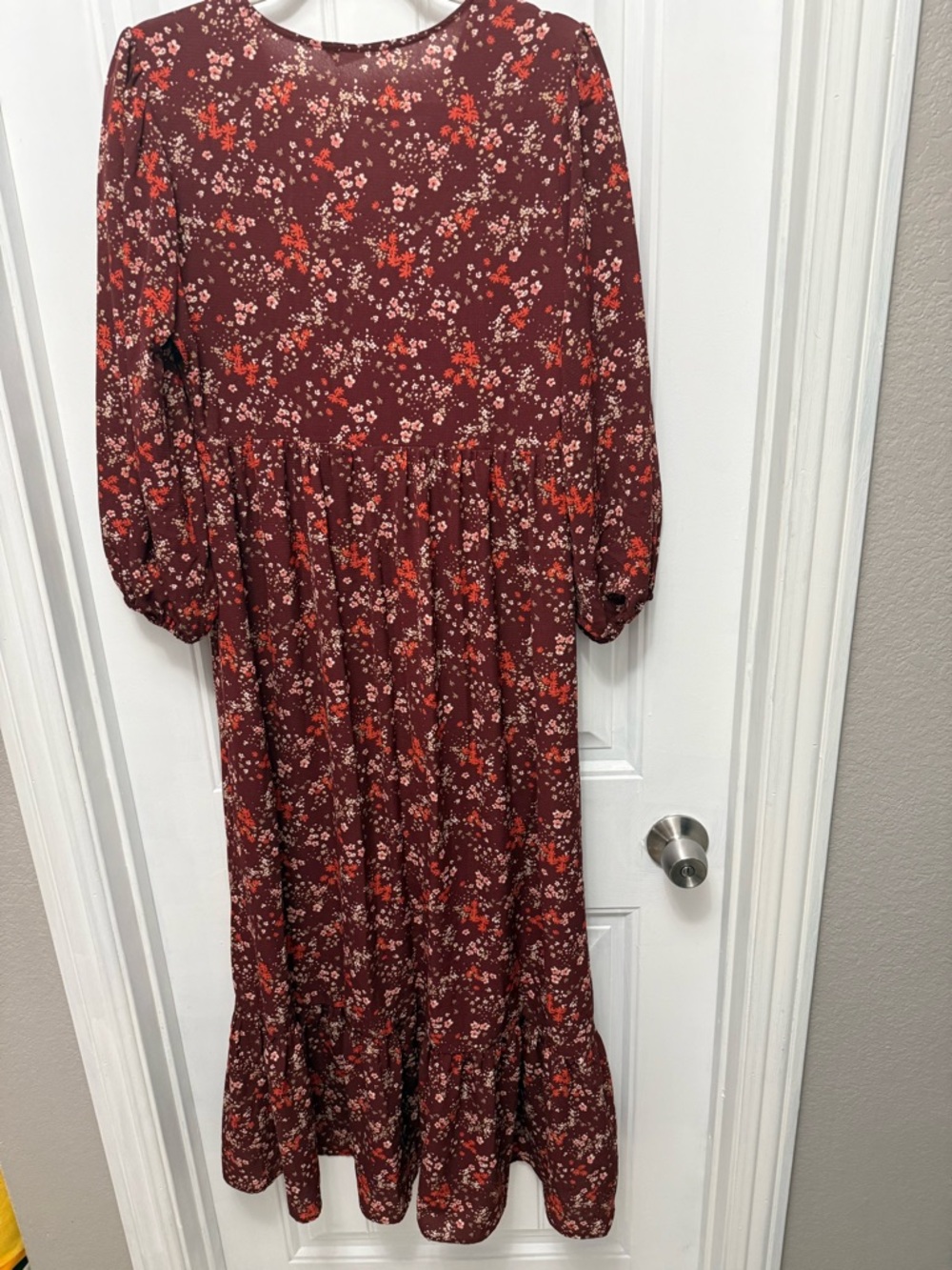 Lush Burgundy Puff Sleeve Ruffle Maxi Dress Cottagecore Size Large (36-6) - Picture 10 of 15